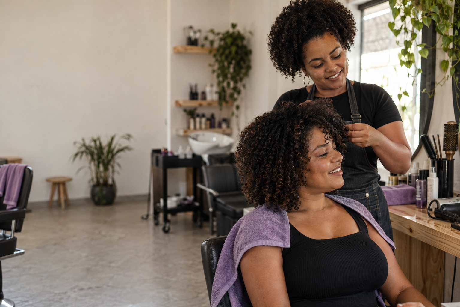 Imagem ilustrativa: cabeleireira cuida dos cachos de uma cliente em um salão com luz natural.